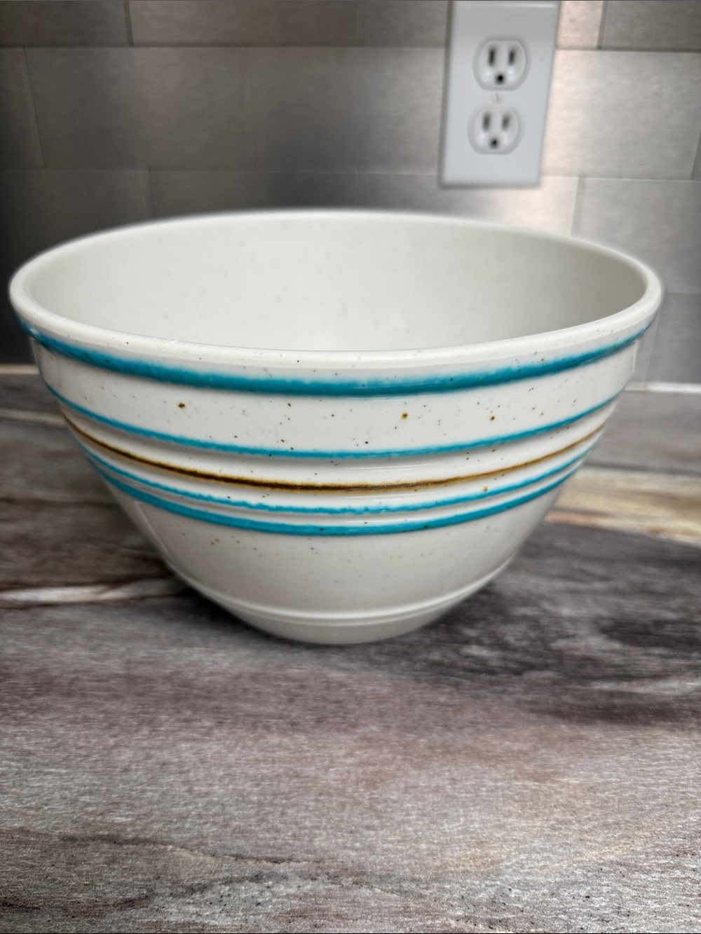 Off White Melamine  Bowl with Turquoise and Brown Stripes